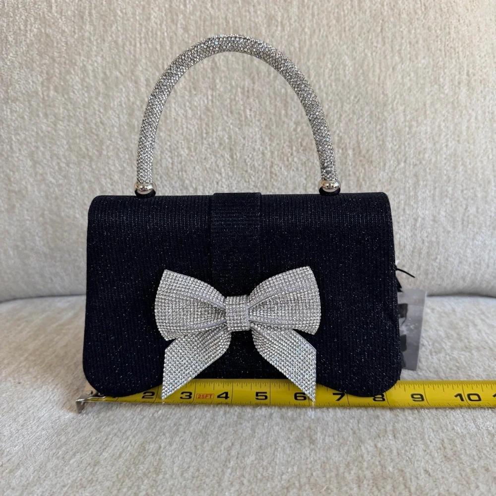 Sincerely Jules Black Evening Bag with Rhinestone Bow & Handle